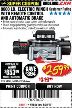 Harbor Freight Coupon BADLAND ZXR9000 9000 LB WINCH Lot No. 64047/64048/64049/63769 Expired: 6/30/19 - $259.99