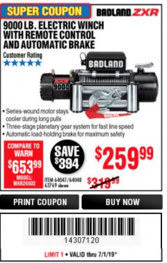 Harbor Freight Coupon BADLAND ZXR9000 9000 LB WINCH Lot No. 64047/64048/64049/63769 Expired: 7/1/19 - $259.99