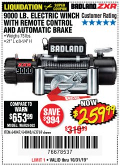 Harbor Freight Coupon BADLAND ZXR9000 9000 LB WINCH Lot No. 64047/64048/64049/63769 Expired: 10/31/19 - $259.99
