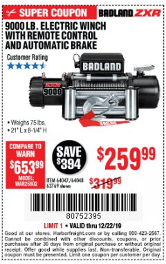 Harbor Freight Coupon BADLAND ZXR9000 9000 LB WINCH Lot No. 64047/64048/64049/63769 Expired: 12/22/19 - $259.99