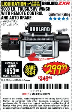 Harbor Freight Coupon BADLAND ZXR9000 9000 LB WINCH Lot No. 64047/64048/64049/63769 Expired: 3/31/20 - $299.99