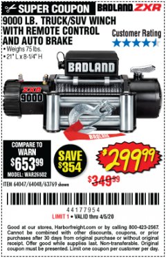 Harbor Freight Coupon BADLAND ZXR9000 9000 LB WINCH Lot No. 64047/64048/64049/63769 Expired: 6/30/20 - $299.99