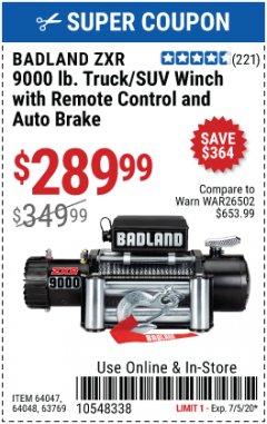 Harbor Freight Coupon BADLAND ZXR9000 9000 LB WINCH Lot No. 64047/64048/64049/63769 Expired: 7/5/20 - $289.99