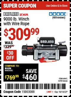 Harbor Freight Coupon BADLAND ZXR9000 9000 LB WINCH Lot No. 64047/64048/64049/63769 Expired: 10/13/22 - $309.99