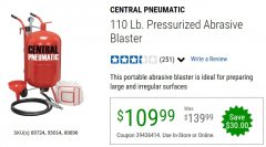 Harbor Freight Coupon 110 LB. PRESSURIZED ABRASIVE BLASTER Lot No. 69724/60696/95014 Expired: 6/30/20 - $109.99