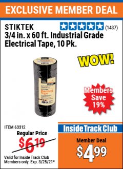 Harbor Freight ITC Coupon 3/4" X 60 FT. INDUSTRIAL GRADE ELECTRICAL TAPE PACK OF 10 Lot No. 63312/64836 Expired: 3/25/21 - $4.99