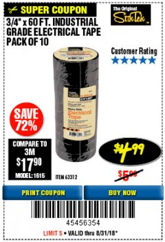 Harbor Freight Coupon 3/4" X 60 FT. INDUSTRIAL GRADE ELECTRICAL TAPE PACK OF 10 Lot No. 63312/64836 Expired: 8/31/18 - $4.99