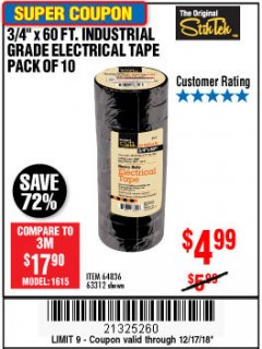 Harbor Freight Coupon 3/4" X 60 FT. INDUSTRIAL GRADE ELECTRICAL TAPE PACK OF 10 Lot No. 63312/64836 Expired: 12/17/18 - $4.99