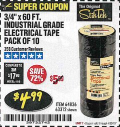 Harbor Freight Coupon 3/4" X 60 FT. INDUSTRIAL GRADE ELECTRICAL TAPE PACK OF 10 Lot No. 63312/64836 Expired: 4/30/19 - $4.99