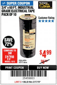 Harbor Freight Coupon 3/4" X 60 FT. INDUSTRIAL GRADE ELECTRICAL TAPE PACK OF 10 Lot No. 63312/64836 Expired: 3/17/19 - $4.99