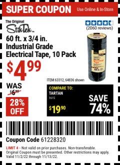 Harbor Freight Coupon 3/4" X 60 FT. INDUSTRIAL GRADE ELECTRICAL TAPE PACK OF 10 Lot No. 63312/64836 Expired: 11/13/22 - $4.99