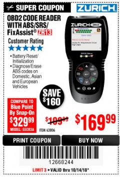 Harbor Freight Coupon ZURICH OBD2 SCANNER WITH ABS ZR13 Lot No. 63806 Expired: 10/14/18 - $169.99