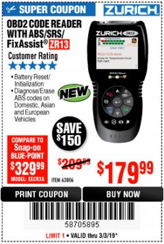 Harbor Freight Coupon ZURICH OBD2 SCANNER WITH ABS ZR13 Lot No. 63806 Expired: 3/3/19 - $179.99