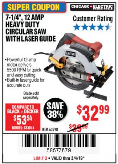 Harbor Freight Coupon 7-1/4" CIRCULAR SAW WITH LASER GUIDE SYSTEM Lot No. 69078/61440/95004 Expired: 3/4/19 - $32.99