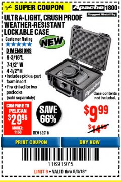 Harbor Freight Coupon ULTRA LIGHT, CRUSH PROOF, WEATHER RESISTANT LOCKABLE CASE Lot No. 63926 Expired: 6/3/18 - $9.99
