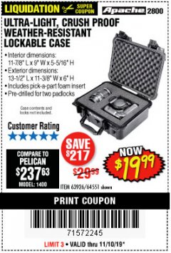 Harbor Freight Coupon ULTRA LIGHT, CRUSH PROOF, WEATHER RESISTANT LOCKABLE CASE Lot No. 63926 Expired: 11/10/19 - $19.99