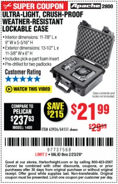 Harbor Freight Coupon ULTRA LIGHT, CRUSH PROOF, WEATHER RESISTANT LOCKABLE CASE Lot No. 63926 Expired: 2/23/20 - $21.99