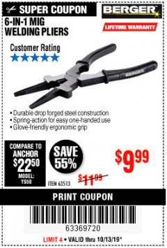 Harbor Freight Coupon 6-IN-1 MIG WELDING PLIERS Lot No. 63513 Expired: 10/13/19 - $9.99