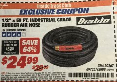 Harbor Freight ITC Coupon DIABLO 1/2" X 50 FT. INDUSTRIAL GRADE RUBBER AIR HOSE Lot No. 62882/62888 Expired: 5/31/19 - $24.99