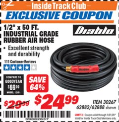 Harbor Freight ITC Coupon DIABLO 1/2" X 50 FT. INDUSTRIAL GRADE RUBBER AIR HOSE Lot No. 62882/62888 Expired: 1/31/20 - $24.99