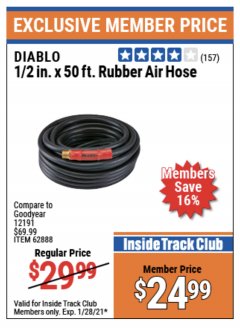 Harbor Freight ITC Coupon DIABLO 1/2" X 50 FT. INDUSTRIAL GRADE RUBBER AIR HOSE Lot No. 62882/62888 Expired: 1/28/21 - $24.99