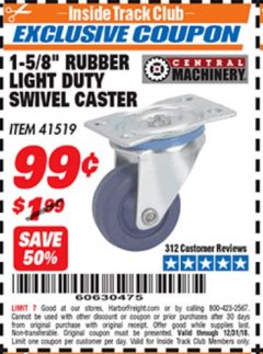 Harbor Freight ITC Coupon 1-5/8" RUBBER LIGHT DUTY SWIVEL CASTER Lot No. 41519 Expired: 12/31/18 - $0.99