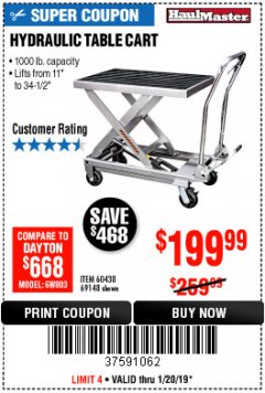 Harbor Freight Coupon 1000 LB. CAPACITY HYDRAULIC TABLE CART Lot No. 69148/60438 Expired: 1/20/19 - $199.99