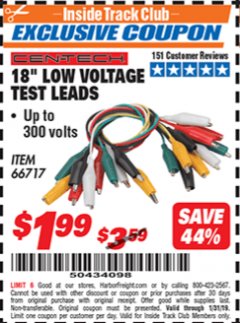 Harbor Freight ITC Coupon 18" LOW VOLTAGE TEST LEADS Lot No. 66717 Expired: 1/31/19 - $1.99