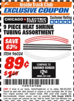 Harbor Freight ITC Coupon 9 PIECE HEAT SHRINK TUBING ASSORTMENT Lot No. 45058/96024 Expired: 9/30/18 - $0.89