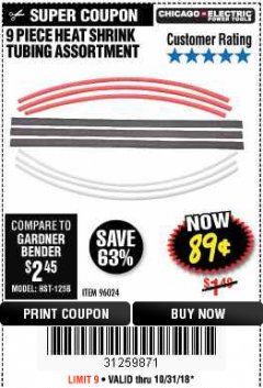 Harbor Freight Coupon 9 PIECE HEAT SHRINK TUBING ASSORTMENT Lot No. 45058/96024 Expired: 10/31/18 - $0.89