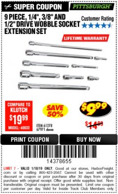 Harbor Freight ITC Coupon 9 PIECE 1/4", 3/8", AND 1/2" DRIVE WOBBLE SOCKET EXTENSIONS Lot No. 67971/61278 Expired: 1/10/19 - $9.99