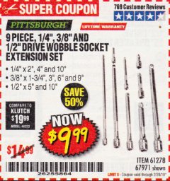 Harbor Freight Coupon 9 PIECE 1/4", 3/8", AND 1/2" DRIVE WOBBLE SOCKET EXTENSIONS Lot No. 67971/61278 Expired: 2/28/19 - $9.99