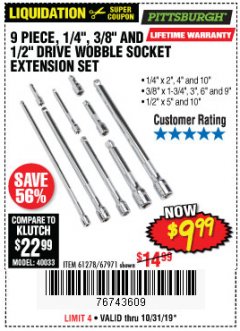 Harbor Freight Coupon 9 PIECE 1/4", 3/8", AND 1/2" DRIVE WOBBLE SOCKET EXTENSIONS Lot No. 67971/61278 Expired: 10/31/19 - $9.99