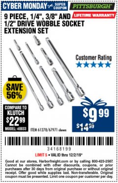 Harbor Freight Coupon 9 PIECE 1/4", 3/8", AND 1/2" DRIVE WOBBLE SOCKET EXTENSIONS Lot No. 67971/61278 Expired: 12/2/19 - $9.99