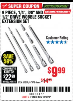 Harbor Freight Coupon 9 PIECE 1/4", 3/8", AND 1/2" DRIVE WOBBLE SOCKET EXTENSIONS Lot No. 67971/61278 Expired: 1/20/20 - $9.99