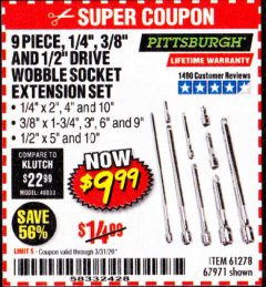Harbor Freight Coupon 9 PIECE 1/4", 3/8", AND 1/2" DRIVE WOBBLE SOCKET EXTENSIONS Lot No. 67971/61278 Expired: 3/31/20 - $9.99