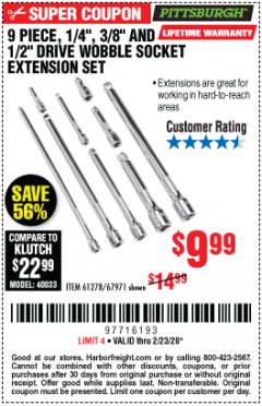 Harbor Freight Coupon 9 PIECE 1/4", 3/8", AND 1/2" DRIVE WOBBLE SOCKET EXTENSIONS Lot No. 67971/61278 Expired: 2/23/20 - $9.99