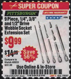 Harbor Freight Coupon 9 PIECE 1/4", 3/8", AND 1/2" DRIVE WOBBLE SOCKET EXTENSIONS Lot No. 67971/61278 Expired: 7/5/20 - $9.99