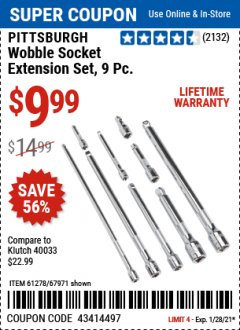 Harbor Freight Coupon 9 PIECE 1/4", 3/8", AND 1/2" DRIVE WOBBLE SOCKET EXTENSIONS Lot No. 67971/61278 Expired: 1/28/21 - $9.99