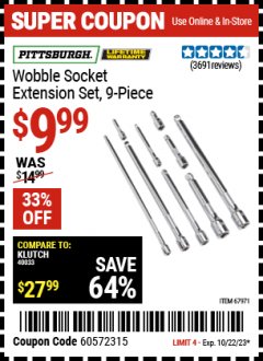 Harbor Freight Coupon 9 PIECE 1/4", 3/8", AND 1/2" DRIVE WOBBLE SOCKET EXTENSIONS Lot No. 67971/61278 Expired: 10/22/23 - $9.99