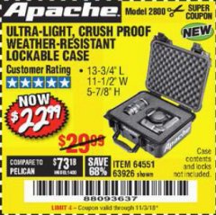 Harbor Freight Coupon APACHE 2800 CASE Lot No. 63926/64551 Expired: 11/3/18 - $22.99