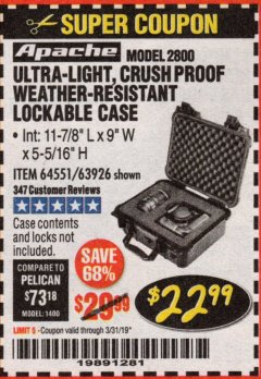 Harbor Freight Coupon APACHE 2800 CASE Lot No. 63926/64551 Expired: 3/31/19 - $22.99
