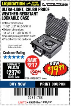 Harbor Freight Coupon APACHE 2800 CASE Lot No. 63926/64551 Expired: 10/31/19 - $19.99