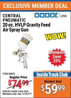 Harbor Freight ITC Coupon 20 OZ. PROFESSIONAL HVLP GRAVITY FEED AIR SPRAY GUN Lot No. 68843 Expired: 2/25/21 - $59.99
