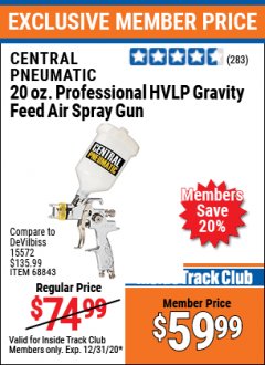 Harbor Freight ITC Coupon 20 OZ. PROFESSIONAL HVLP GRAVITY FEED AIR SPRAY GUN Lot No. 68843 Expired: 12/31/20 - $59.99