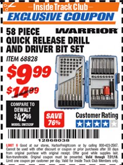 Harbor Freight ITC Coupon 58 PIECE QUICK RELEASE DRILL AND DRIVER BIT SET Lot No. 68828 Expired: 7/31/18 - $9.99