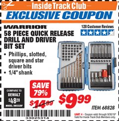 Harbor Freight ITC Coupon 58 PIECE QUICK RELEASE DRILL AND DRIVER BIT SET Lot No. 68828 Expired: 9/30/19 - $9.99