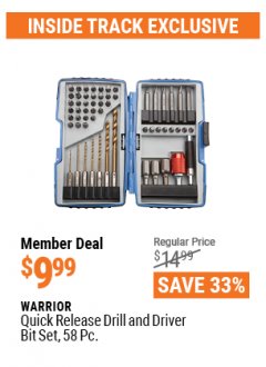 Harbor Freight ITC Coupon 58 PIECE QUICK RELEASE DRILL AND DRIVER BIT SET Lot No. 68828 Expired: 4/29/21 - $9.99