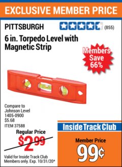 Harbor Freight ITC Coupon 6" TORPEDO LEVEL WITH MAGNETIC STRIP Lot No. 37588 Expired: 10/31/20 - $0.99