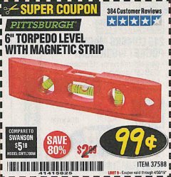 Harbor Freight Coupon 6" TORPEDO LEVEL WITH MAGNETIC STRIP Lot No. 37588 Expired: 4/30/19 - $0.99